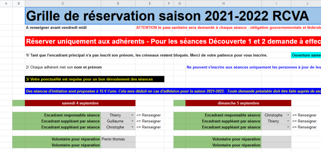 Grille de réservation des séances